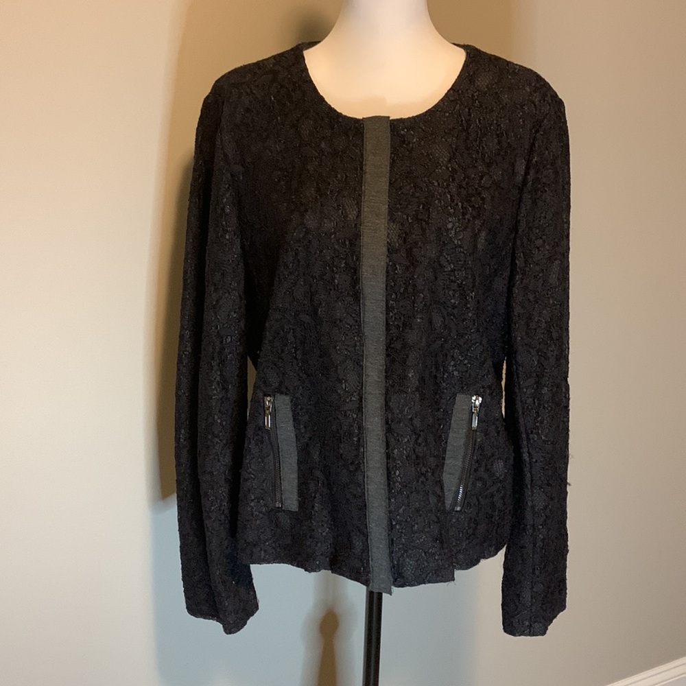 Laura Ashley black lace jacket over gray jersey sz XL